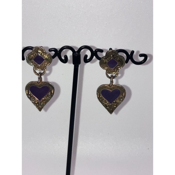 Purple & Gold-Tone Art Nouveau Heart Dangle Earrings Vintage! - Picture 2 of 10